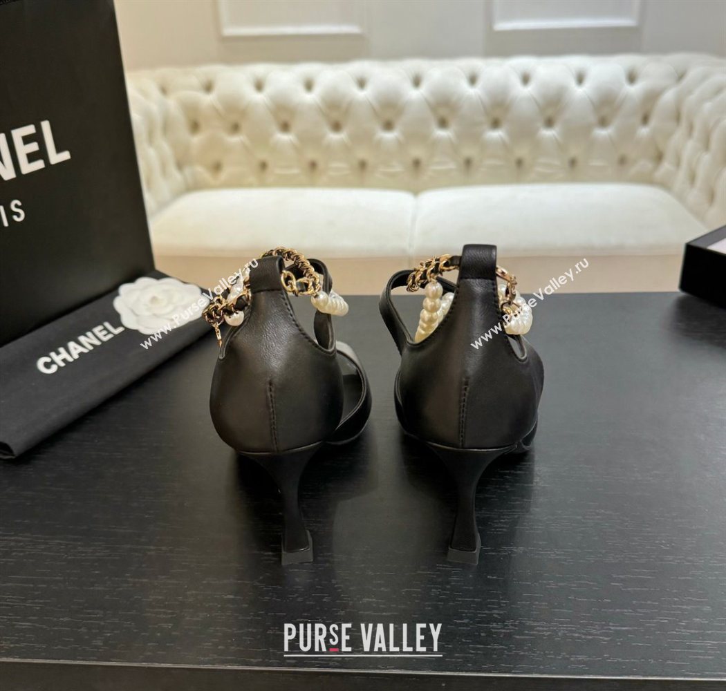 Chanel Lambskin Heel Sandals 8cm with Chain and Pearls Black 2025 G46658 (MD-250902003)