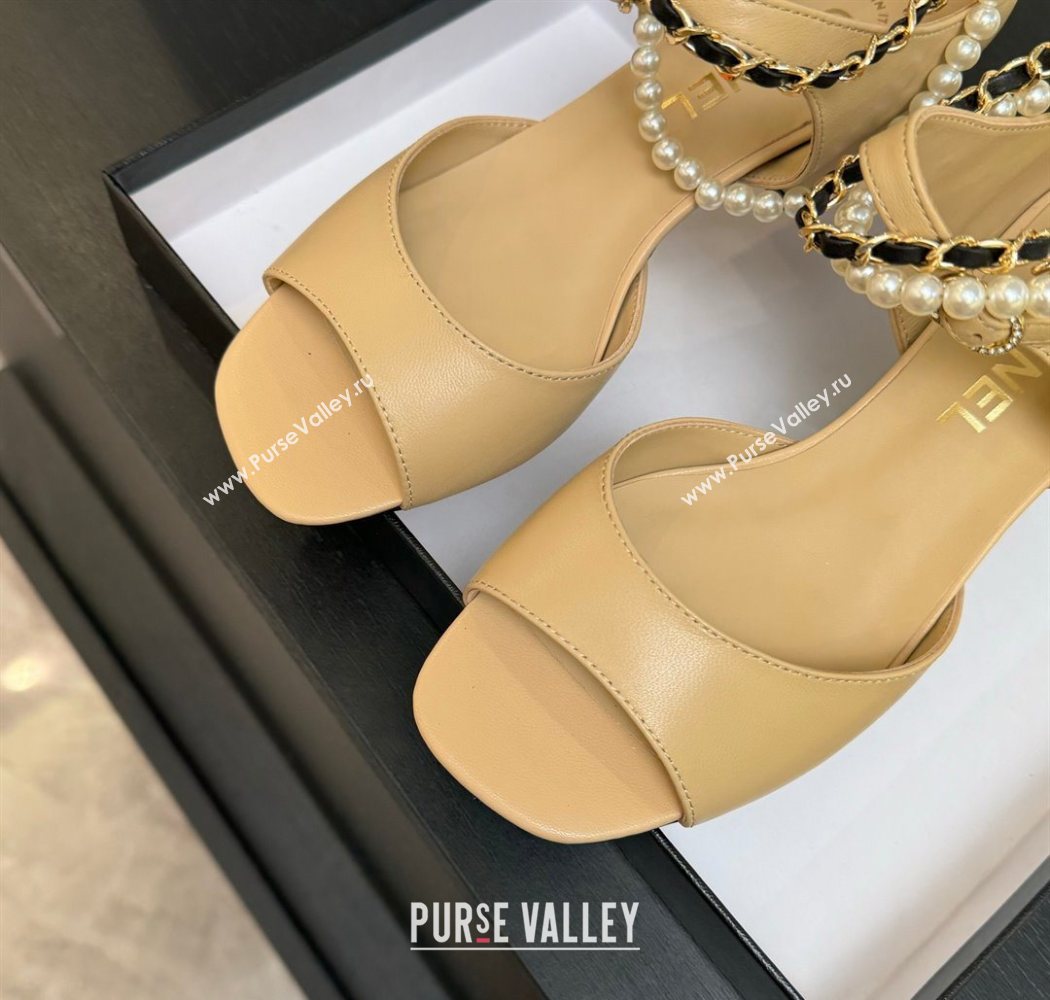 Chanel Lambskin Low Heel Sandals with Chain and Pearls Beige 2025 G46658 (MD-250902006)