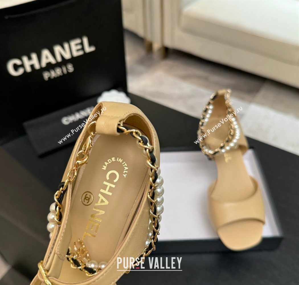 Chanel Lambskin Low Heel Sandals with Chain and Pearls Beige 2025 G46658 (MD-250902006)