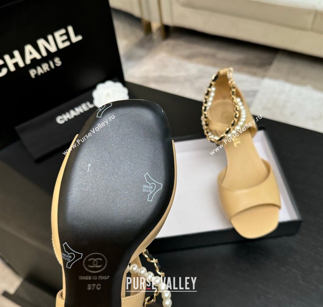 Chanel Lambskin Low Heel Sandals with Chain and Pearls Beige 2025 G46658 (MD-250902006)
