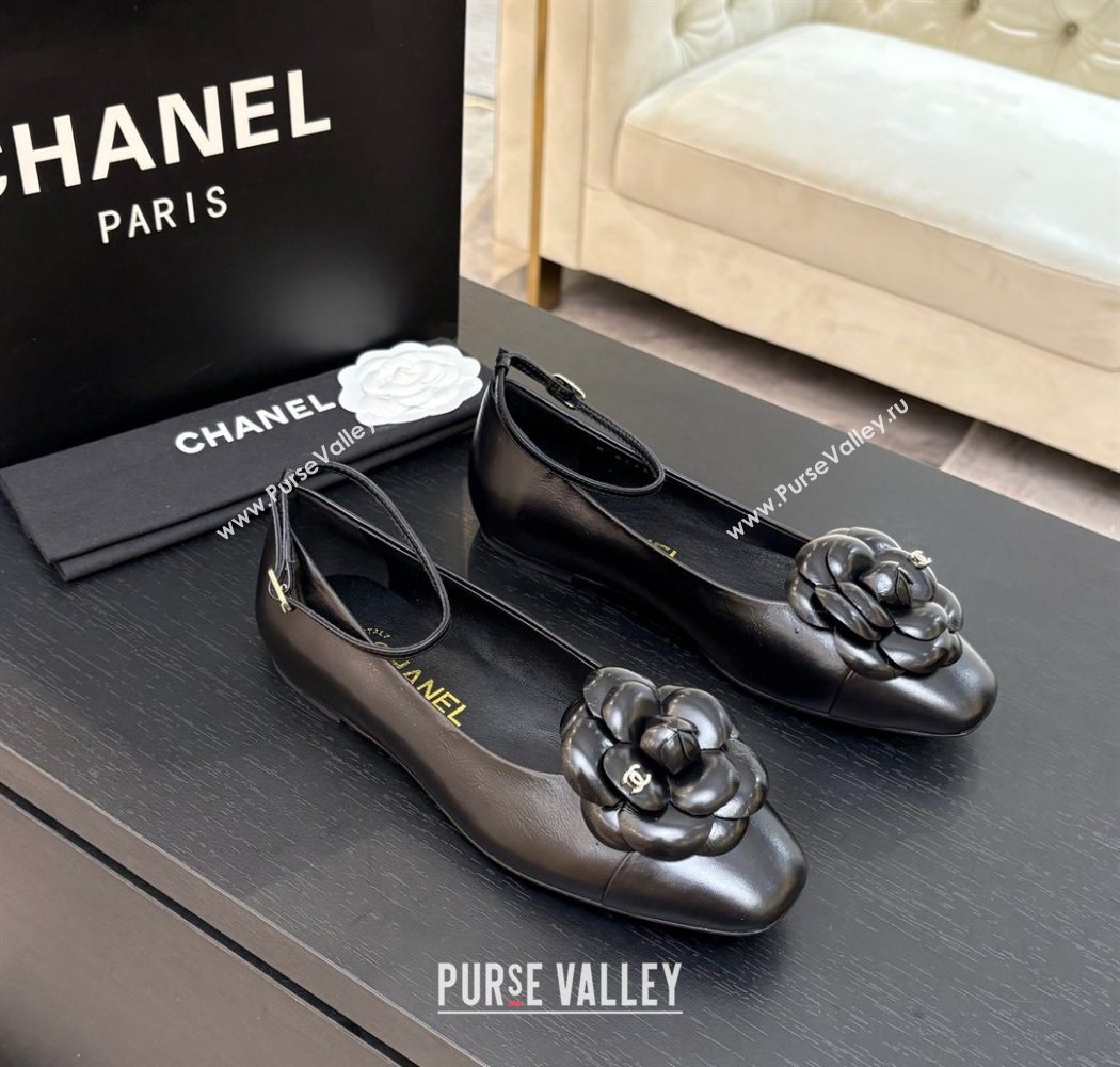 Chanel Shiny Calfskin Ballet flats with Ankle Strap and Camellia Black 2025 G46520 (MD-250901183)