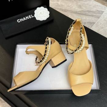 Chanel Lambskin Low Heel Sandals with Chain and Pearls Beige 2025 G46658 (MD-250902006)
