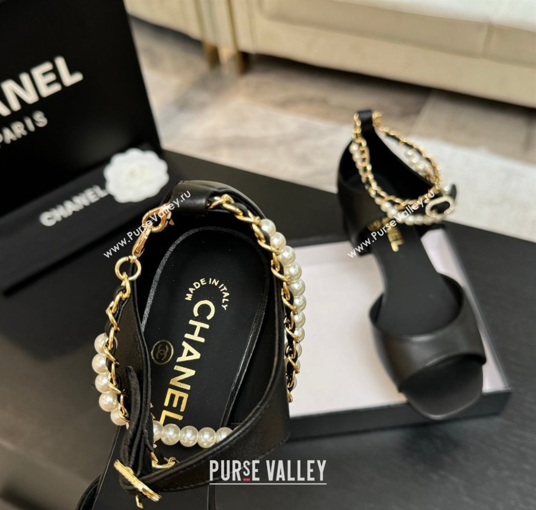 Chanel Lambskin Low Heel Sandals with Chain and Pearls Black 2025 G46658 (MD-250902007)