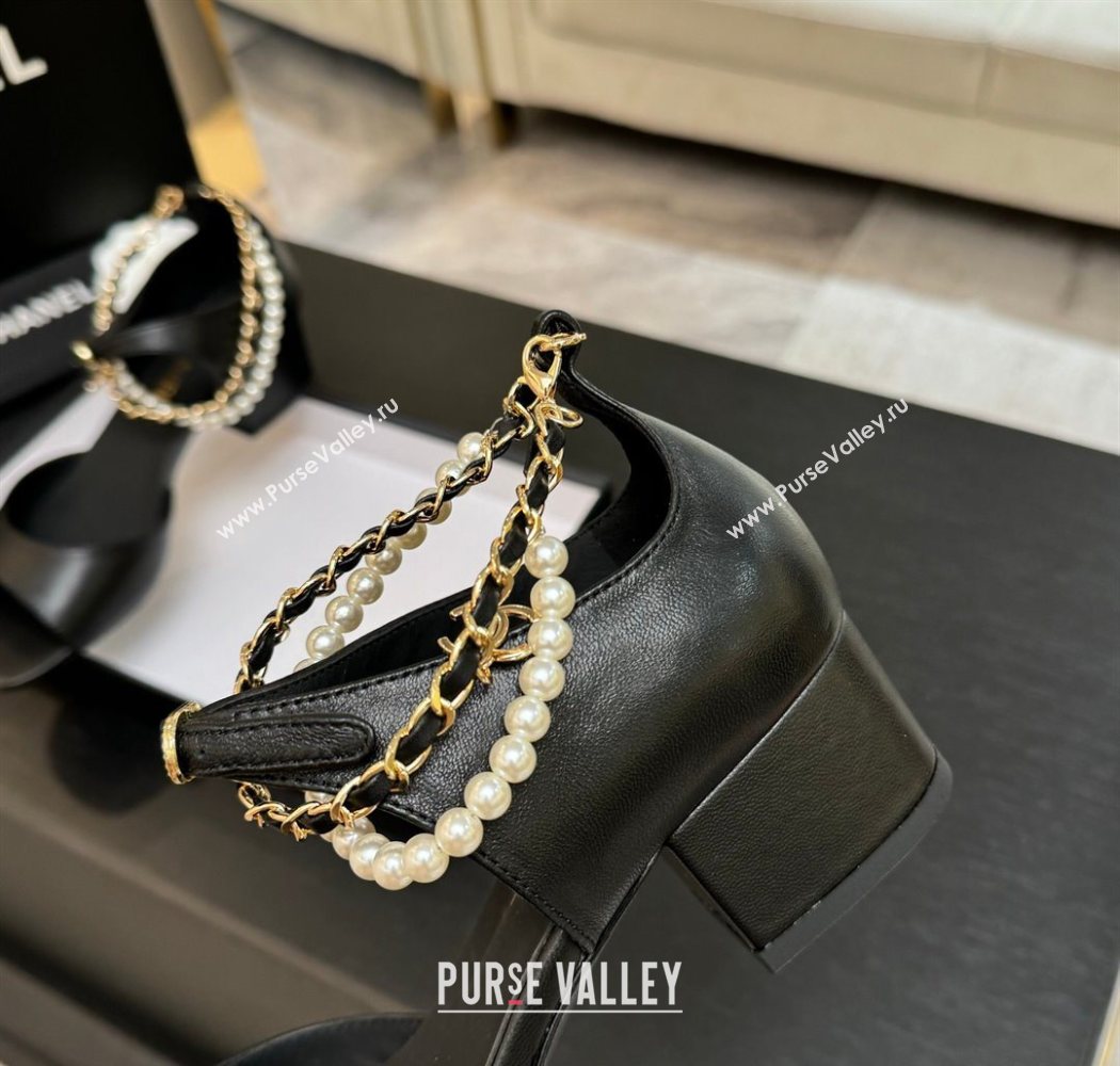 Chanel Lambskin Low Heel Sandals with Chain and Pearls Black 2025 G46658 (MD-250902007)