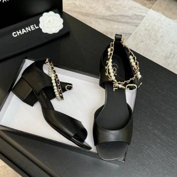 Chanel Lambskin Low Heel Sandals with Chain and Pearls Black 2025 G46658 (MD-250902007)