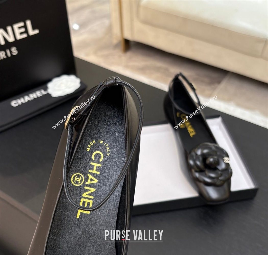 Chanel Shiny Calfskin Ballet flats with Ankle Strap and Camellia Black 2025 G46520 (MD-250901183)