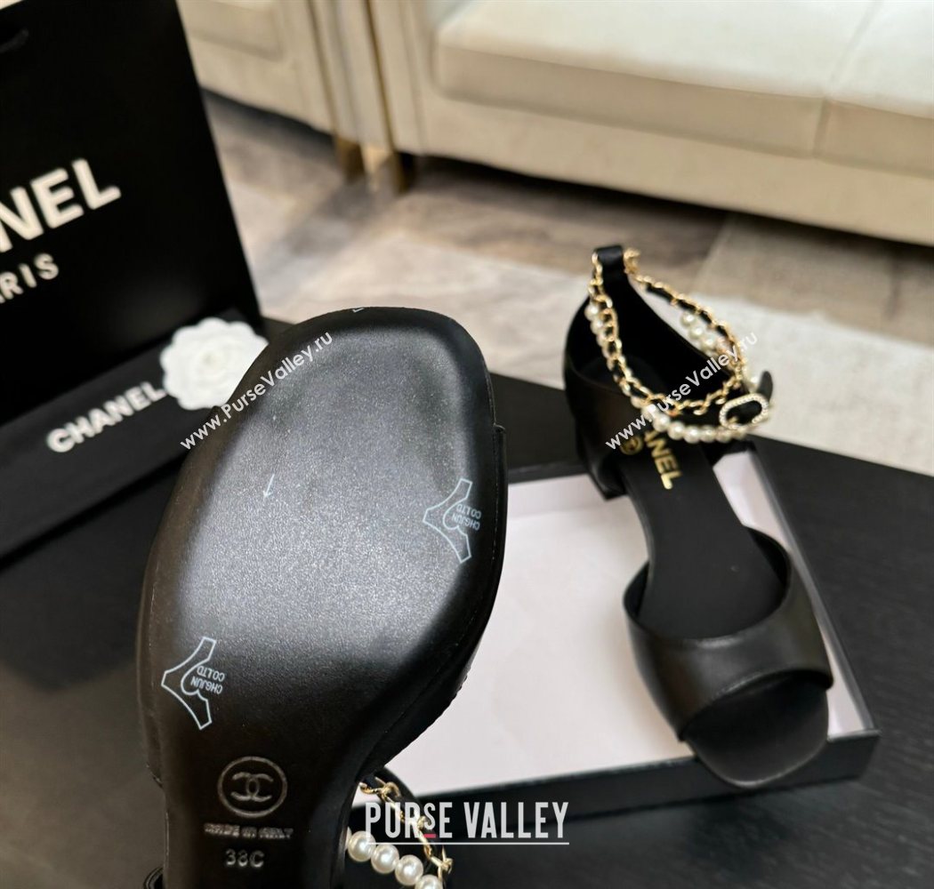 Chanel Lambskin Low Heel Sandals with Chain and Pearls Black 2025 G46658 (MD-250902007)