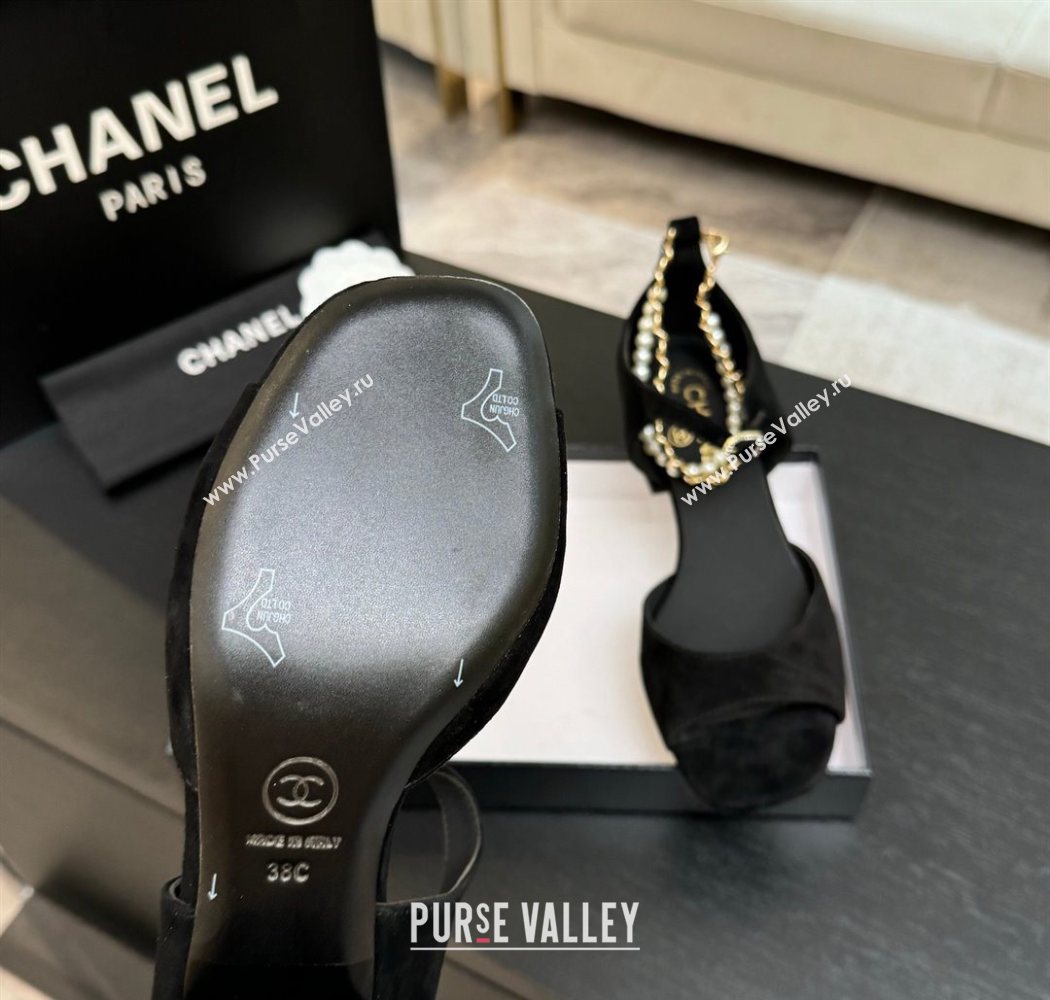 Chanel Suede Low Heel Sandals with Chain and Pearls Black 2025 G46658 (MD-250902008)