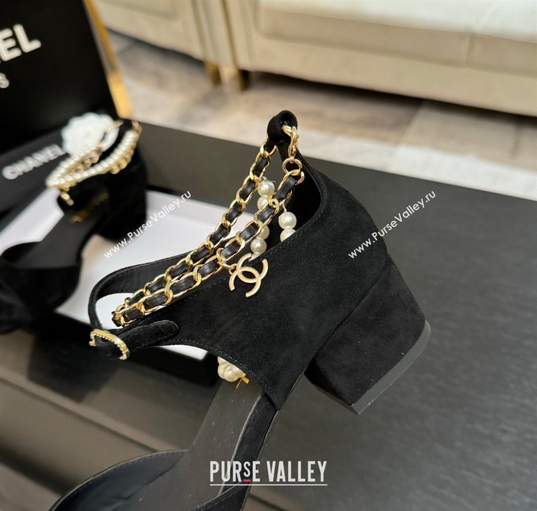 Chanel Suede Low Heel Sandals with Chain and Pearls Black 2025 G46658 (MD-250902008)