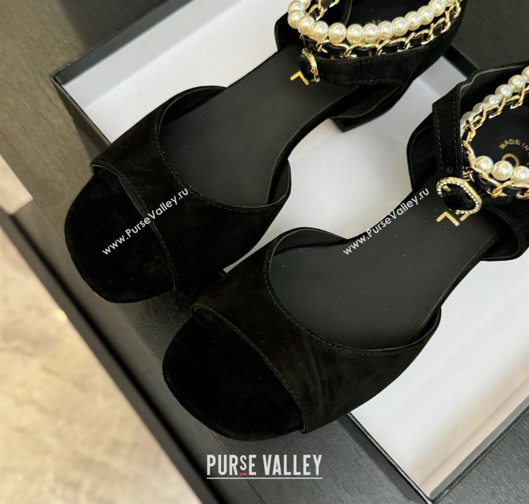 Chanel Suede Low Heel Sandals with Chain and Pearls Black 2025 G46658 (MD-250902008)