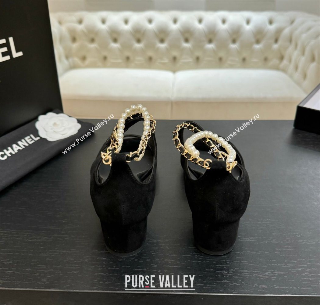 Chanel Suede Low Heel Sandals with Chain and Pearls Black 2025 G46658 (MD-250902008)