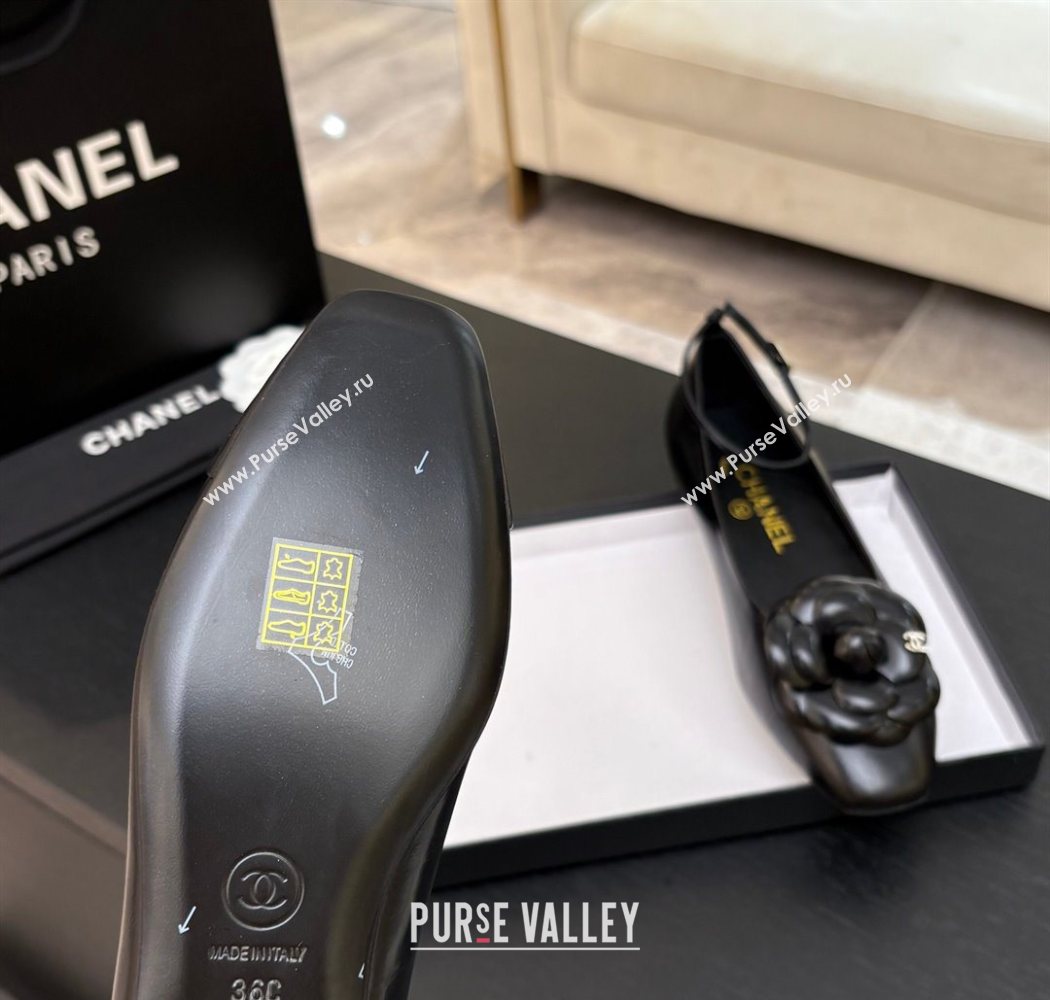 Chanel Shiny Calfskin Ballet flats with Ankle Strap and Camellia Black 2025 G46520 (MD-250901183)