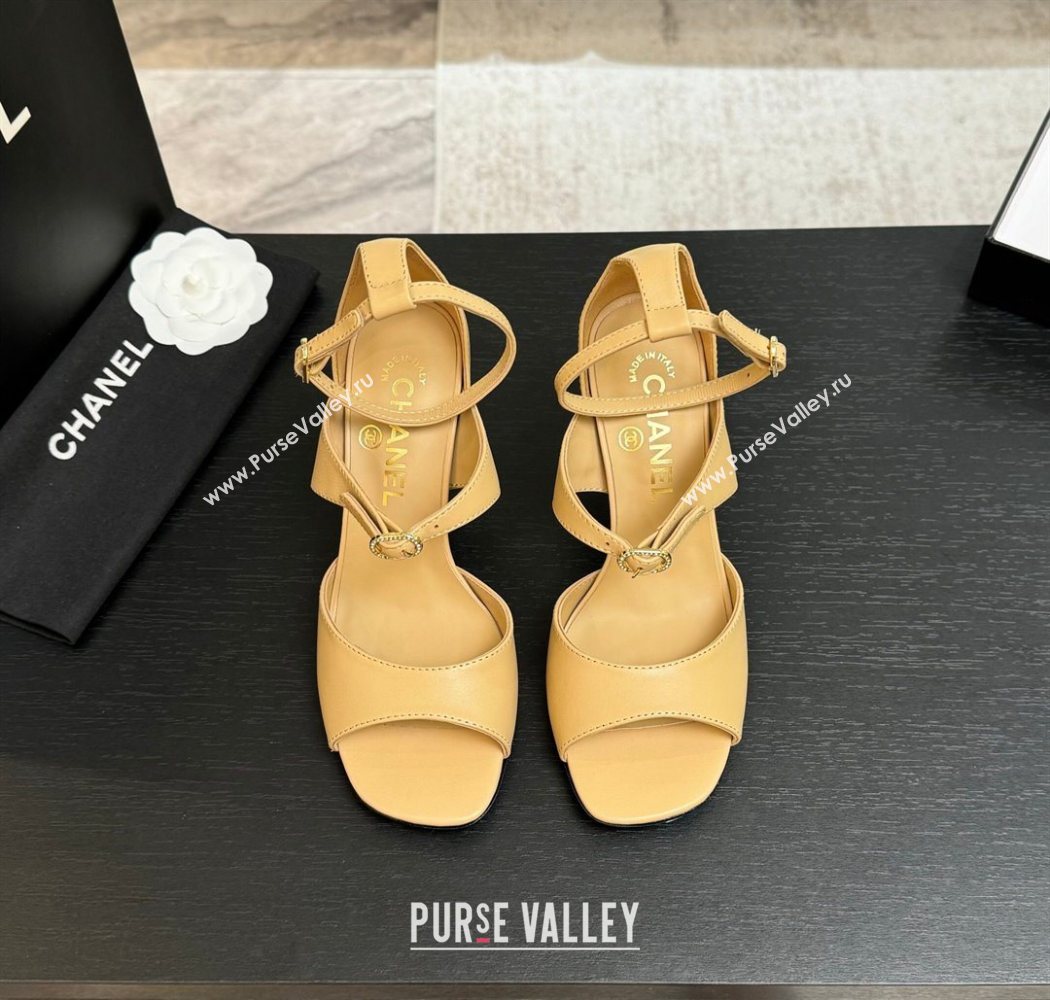 Chanel Lambskin Heel Sandals 8cm with Strass Buckles Beige 2025 G46657 (MD-250902012)