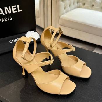 Chanel Lambskin Heel Sandals 8cm with Strass Buckles Beige 2025 G46657 (MD-250902012)