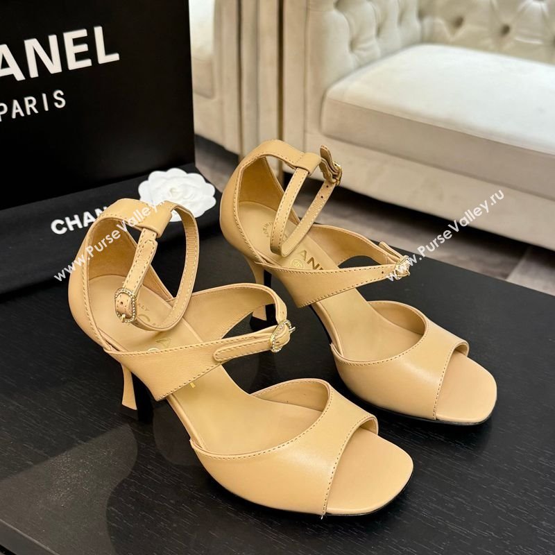 Chanel Lambskin Heel Sandals 8cm with Strass Buckles Beige 2025 G46657 (MD-250902012)