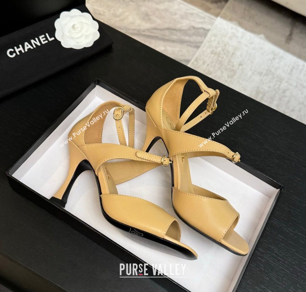 Chanel Lambskin Heel Sandals 8cm with Strass Buckles Beige 2025 G46657 (MD-250902012)