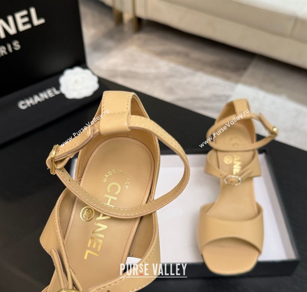 Chanel Lambskin Heel Sandals 8cm with Strass Buckles Beige 2025 G46657 (MD-250902012)