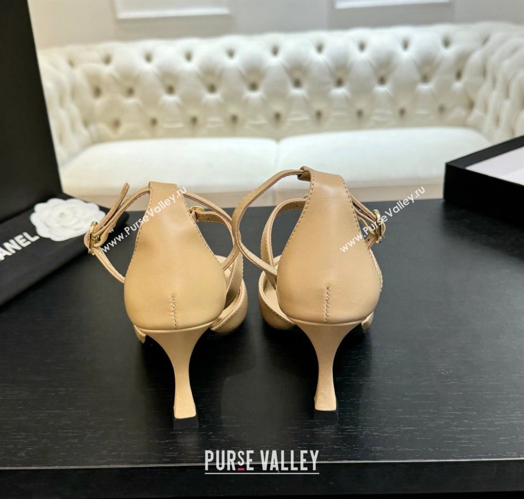 Chanel Lambskin Heel Sandals 8cm with Strass Buckles Beige 2025 G46657 (MD-250902012)