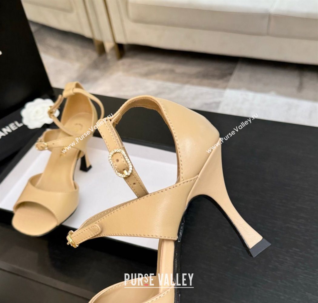 Chanel Lambskin Heel Sandals 8cm with Strass Buckles Beige 2025 G46657 (MD-250902012)