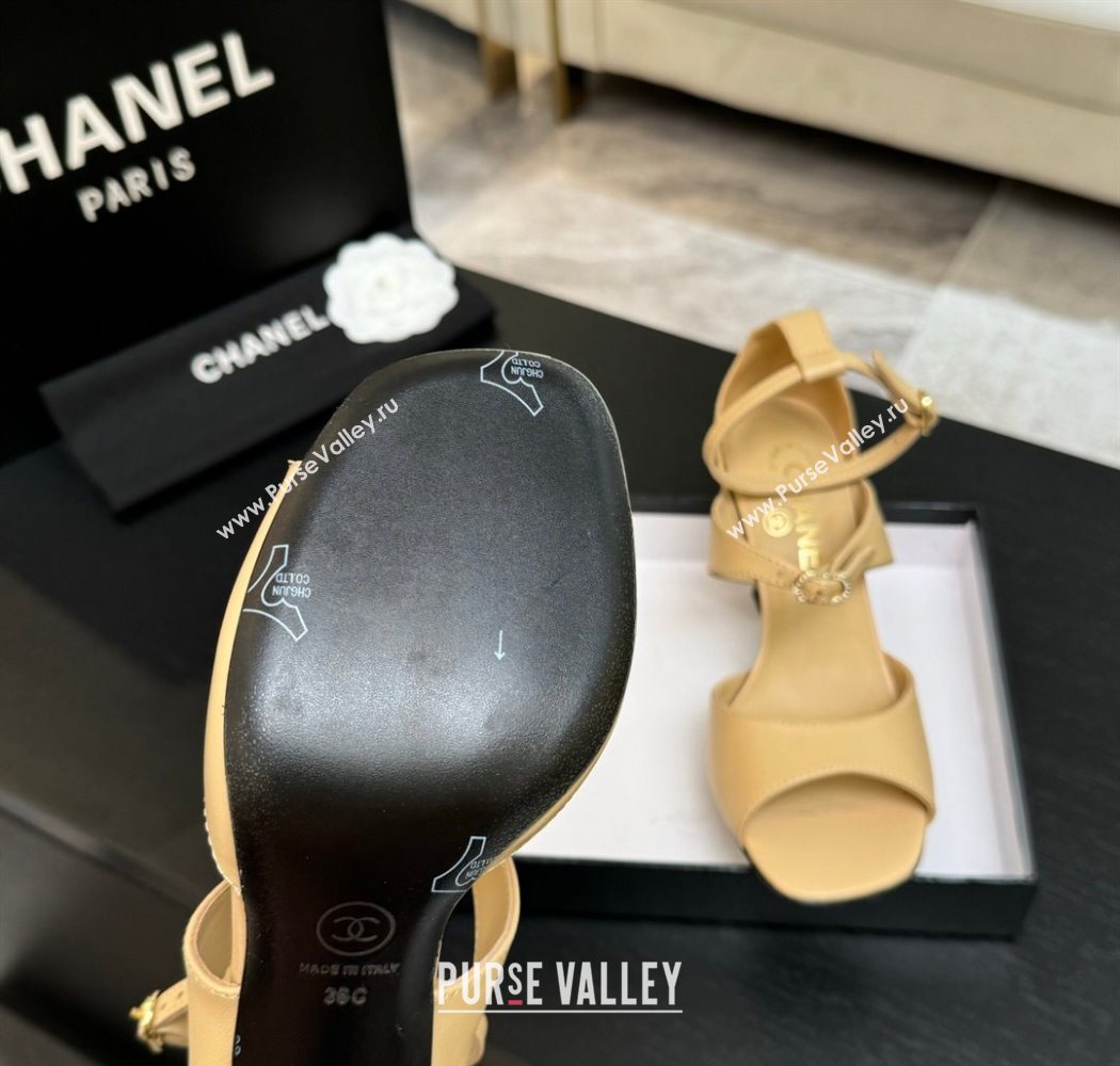Chanel Lambskin Heel Sandals 8cm with Strass Buckles Beige 2025 G46657 (MD-250902012)