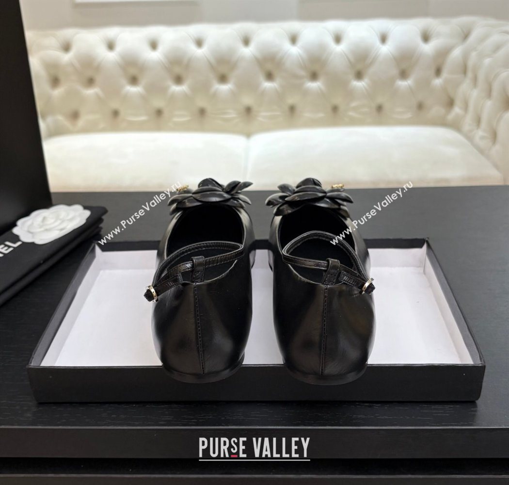 Chanel Shiny Calfskin Ballet flats with Ankle Strap and Camellia Black 2025 G46520 (MD-250901183)