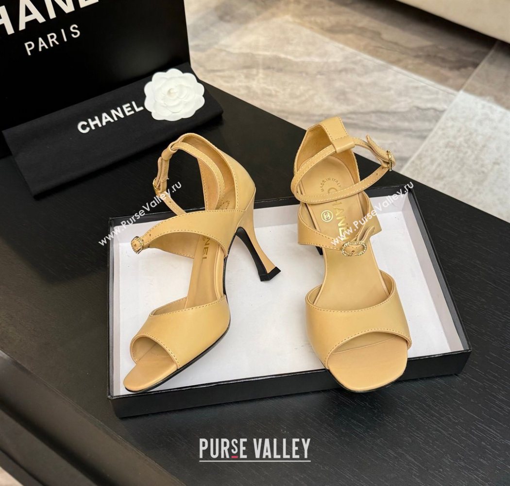 Chanel Lambskin Heel Sandals 8cm with Strass Buckles Beige 2025 G46657 (MD-250902012)