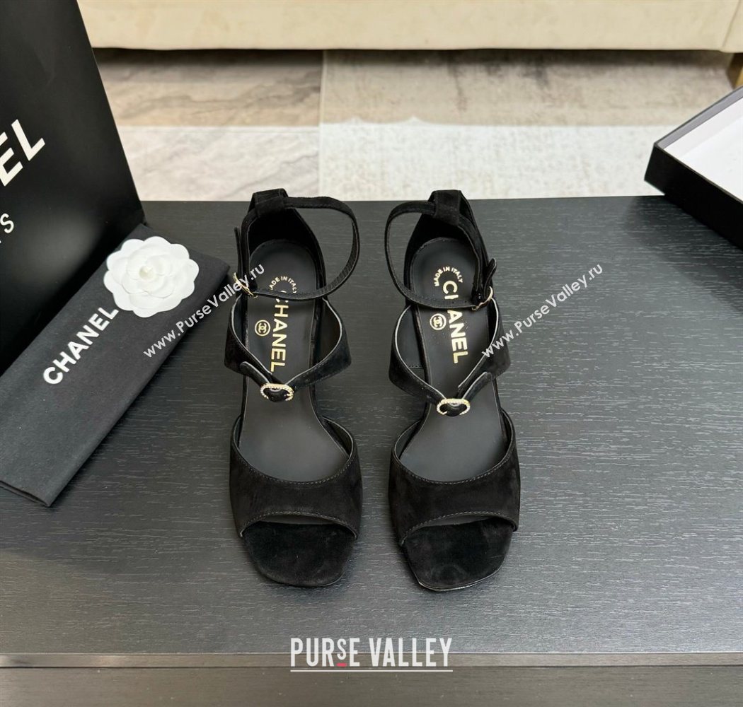 Chanel Suede Heel Sandals 8cm with Strass Buckles Black 2025 G46657 (MD-250902014)