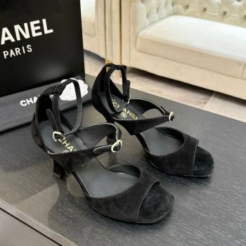 Chanel Suede Heel Sandals 8cm with Strass Buckles Black 2025 G46657 (MD-250902014)