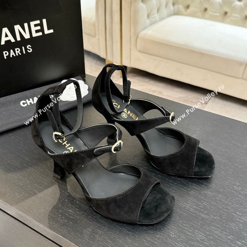 Chanel Suede Heel Sandals 8cm with Strass Buckles Black 2025 G46657 (MD-250902014)