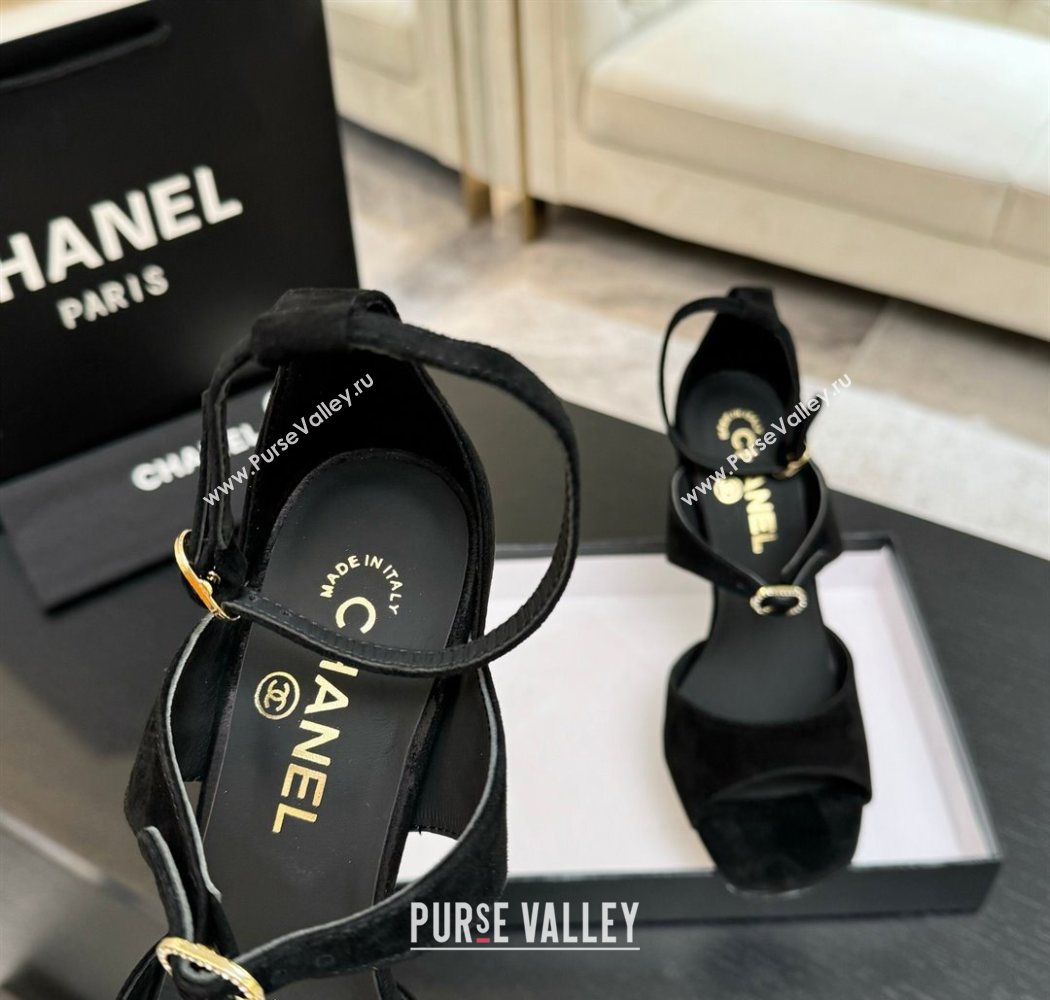 Chanel Suede Heel Sandals 8cm with Strass Buckles Black 2025 G46657 (MD-250902014)