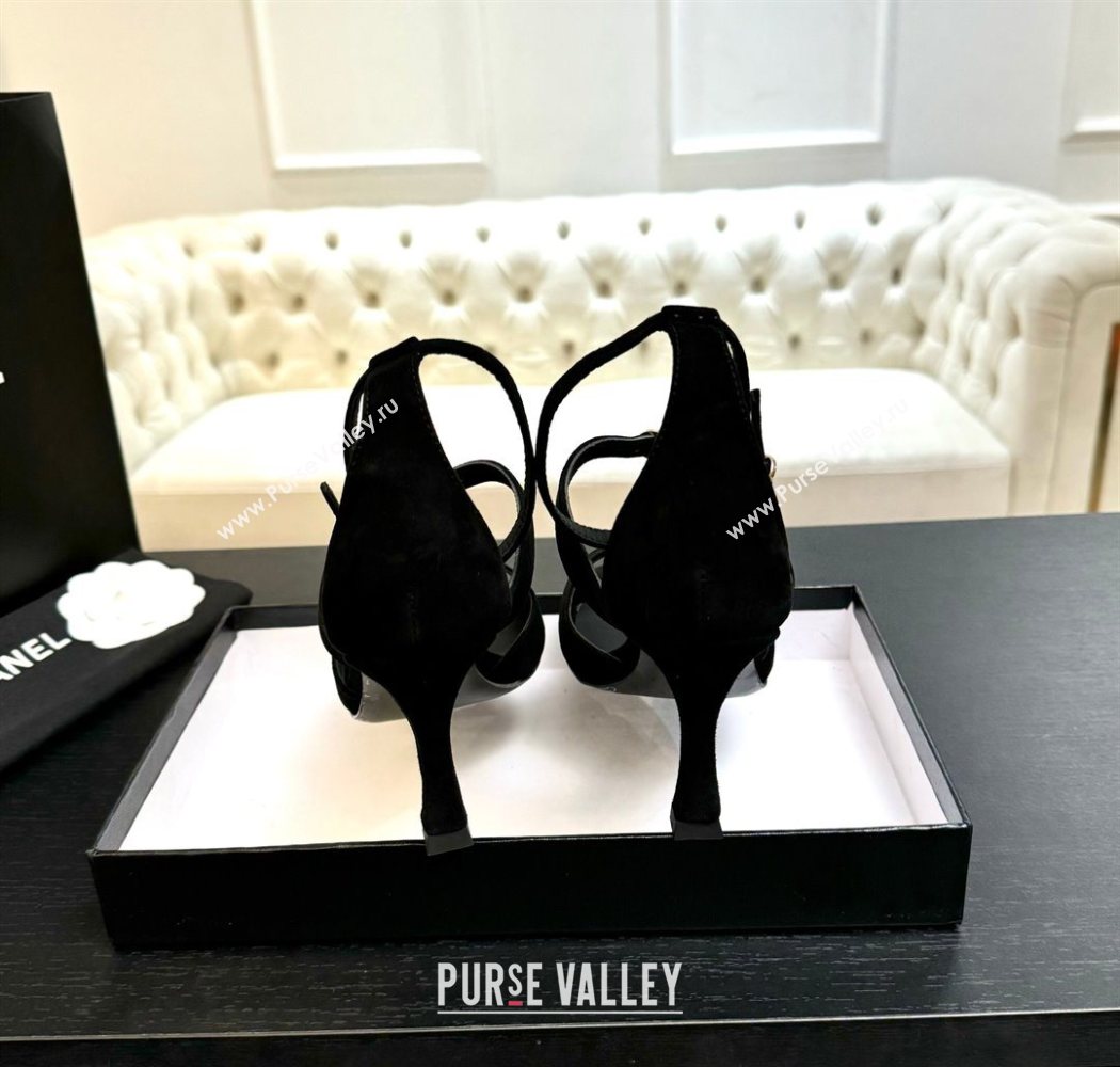 Chanel Suede Heel Sandals 8cm with Strass Buckles Black 2025 G46657 (MD-250902014)