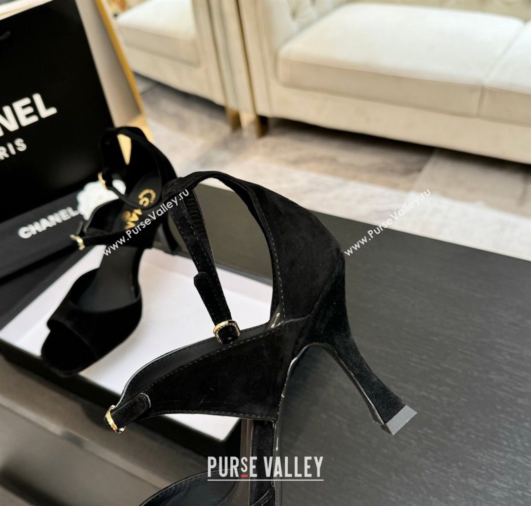 Chanel Suede Heel Sandals 8cm with Strass Buckles Black 2025 G46657 (MD-250902014)