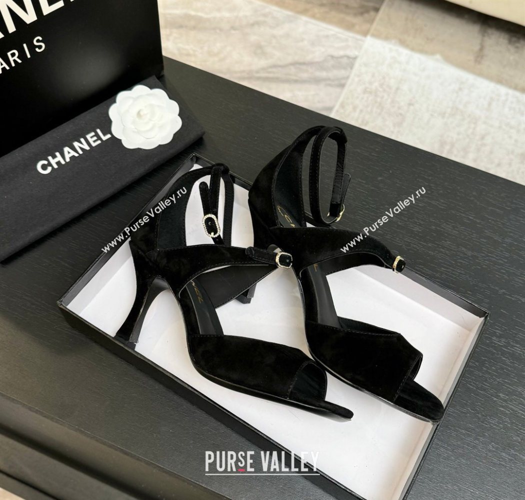 Chanel Suede Heel Sandals 8cm with Strass Buckles Black 2025 G46657 (MD-250902014)