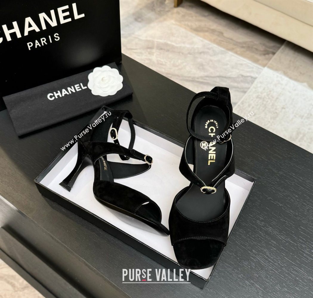 Chanel Suede Heel Sandals 8cm with Strass Buckles Black 2025 G46657 (MD-250902014)