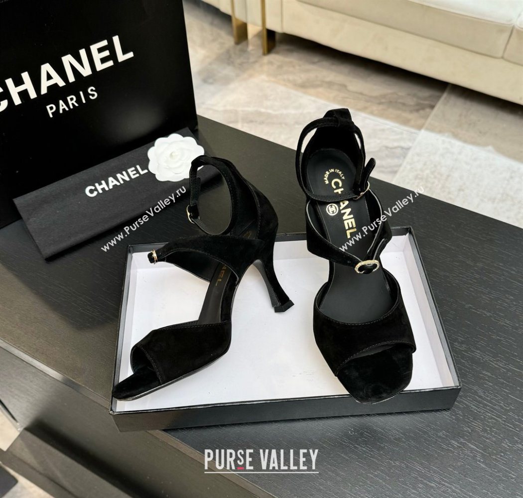 Chanel Suede Heel Sandals 8cm with Strass Buckles Black 2025 G46657 (MD-250902014)