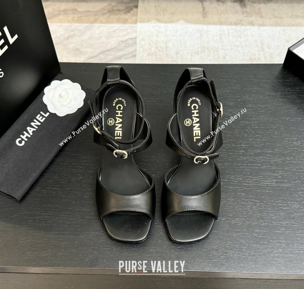 Chanel Lambskin Heel Sandals 8cm with Strass Buckles Black 2025 G46657 (MD-250902015)