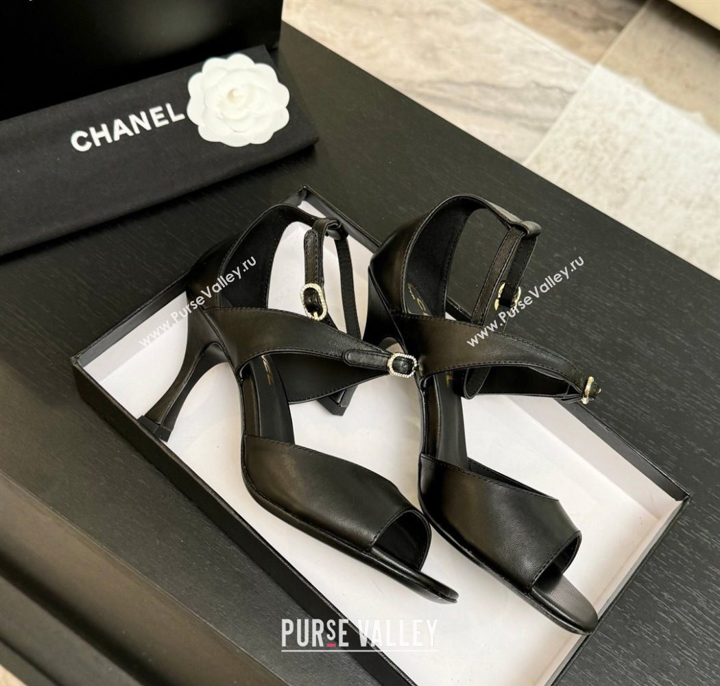 Chanel Lambskin Heel Sandals 8cm with Strass Buckles Black 2025 G46657 (MD-250902015)