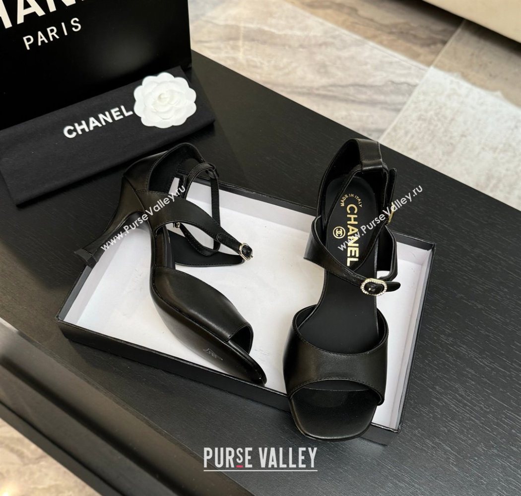 Chanel Lambskin Heel Sandals 8cm with Strass Buckles Black 2025 G46657 (MD-250902015)