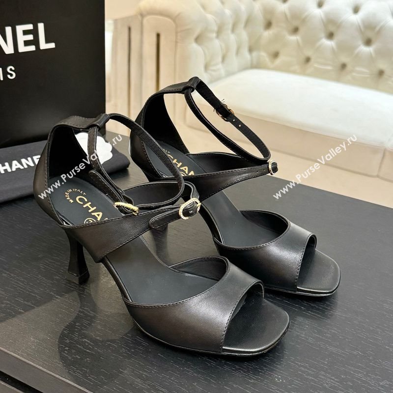 Chanel Lambskin Heel Sandals 8cm with Strass Buckles Black 2025 G46657 (MD-250902015)