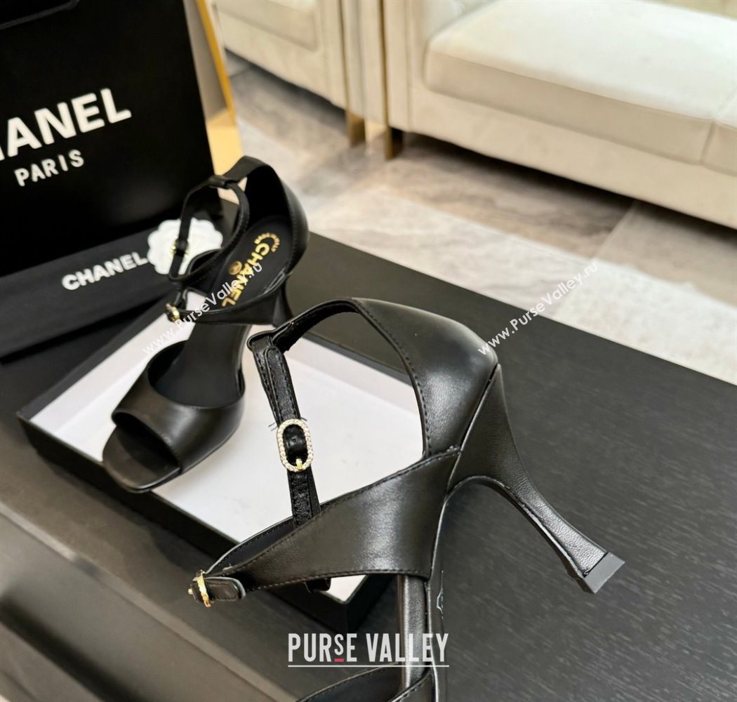 Chanel Lambskin Heel Sandals 8cm with Strass Buckles Black 2025 G46657 (MD-250902015)