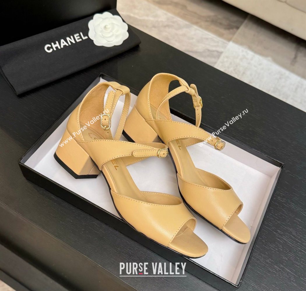Chanel Lambskin Low Heel Sandals with Strass Buckles Beige 2025 G46657 (MD-250902016)
