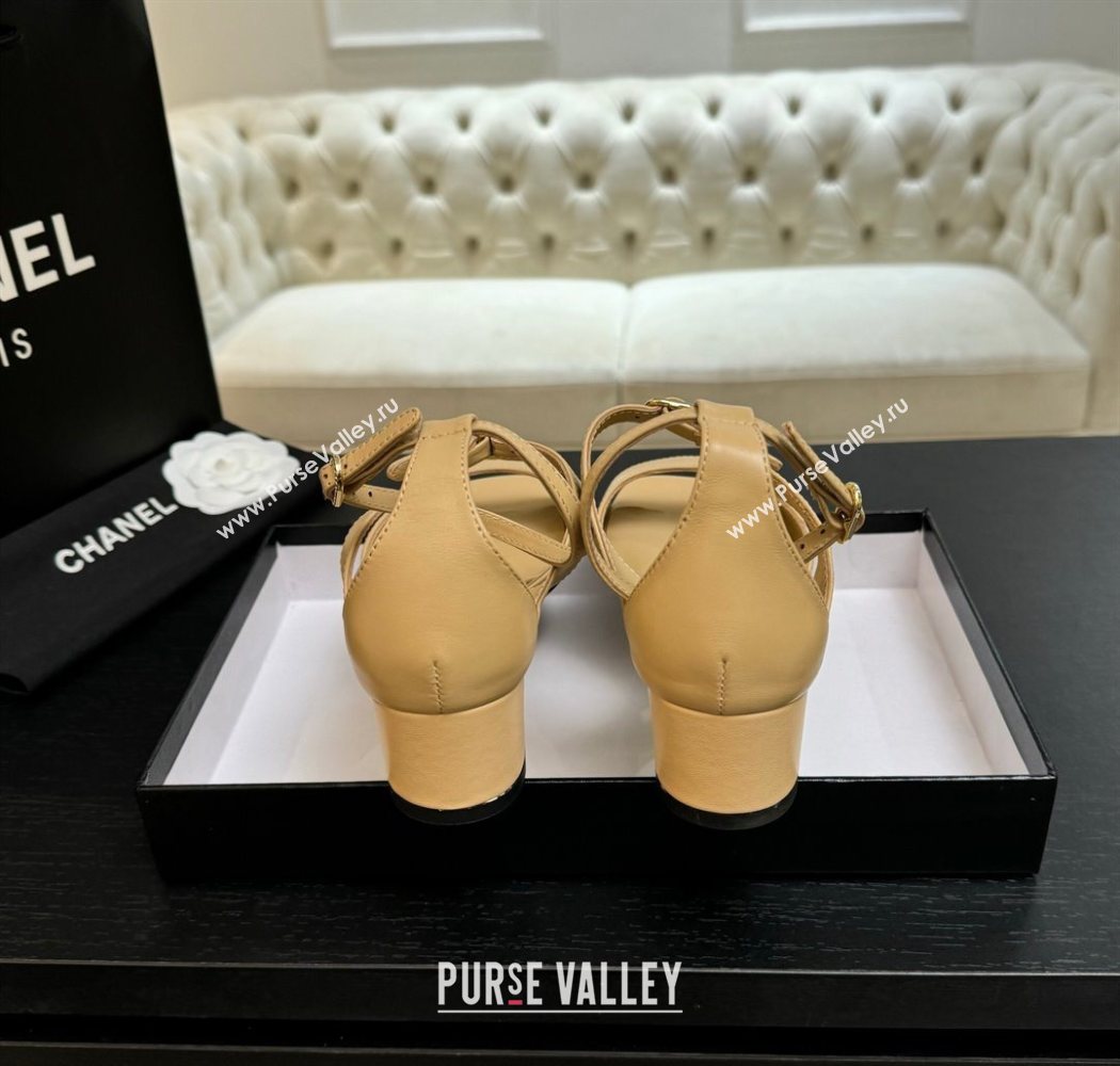 Chanel Lambskin Low Heel Sandals with Strass Buckles Beige 2025 G46657 (MD-250902016)