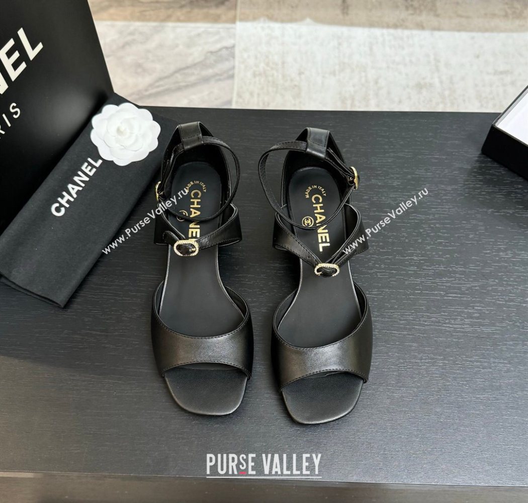 Chanel Lambskin Low Heel Sandals with Strass Buckles Black 2025 G46657 (MD-250902018)