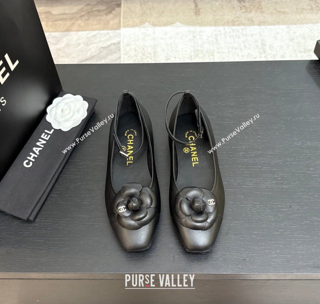 Chanel Lambskin Ballet flats with Ankle Strap and Camellia Black 2025 G46520 (MD-250901184)