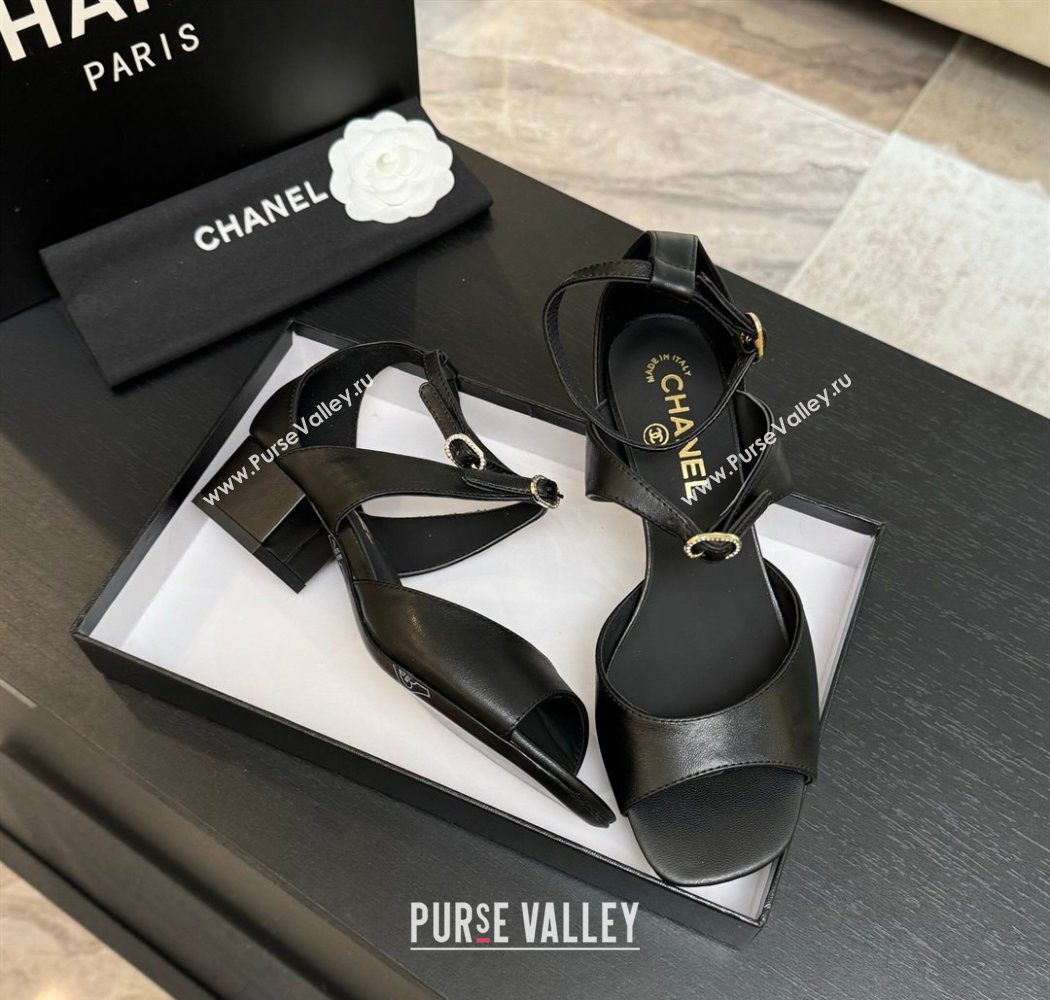 Chanel Lambskin Low Heel Sandals with Strass Buckles Black 2025 G46657 (MD-250902018)