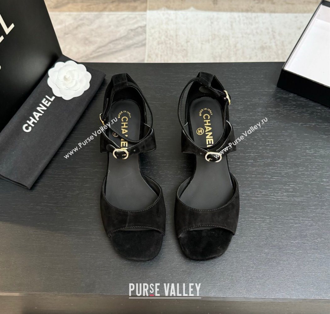 Chanel Suede Low Heel Sandals with Strass Buckles Black 2025 G46657 (MD-250902019)