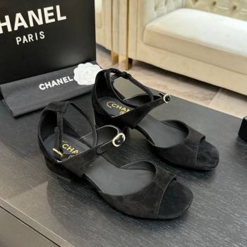 Chanel Suede Low Heel Sandals with Strass Buckles Black 2025 G46657 (MD-250902019)