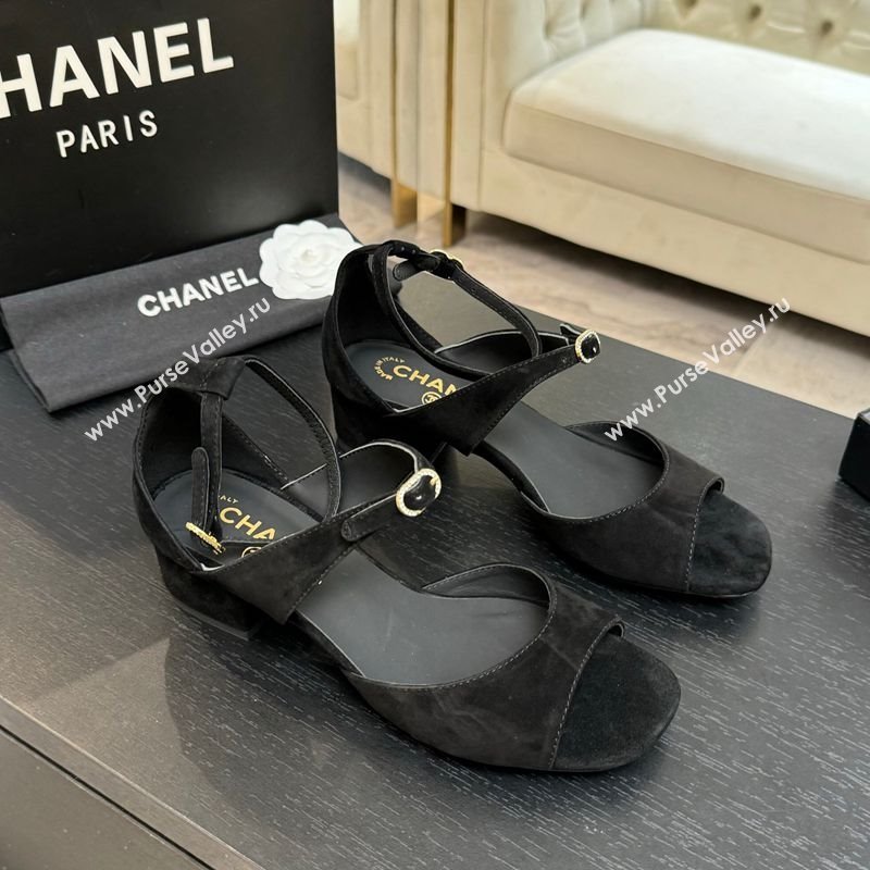 Chanel Suede Low Heel Sandals with Strass Buckles Black 2025 G46657 (MD-250902019)
