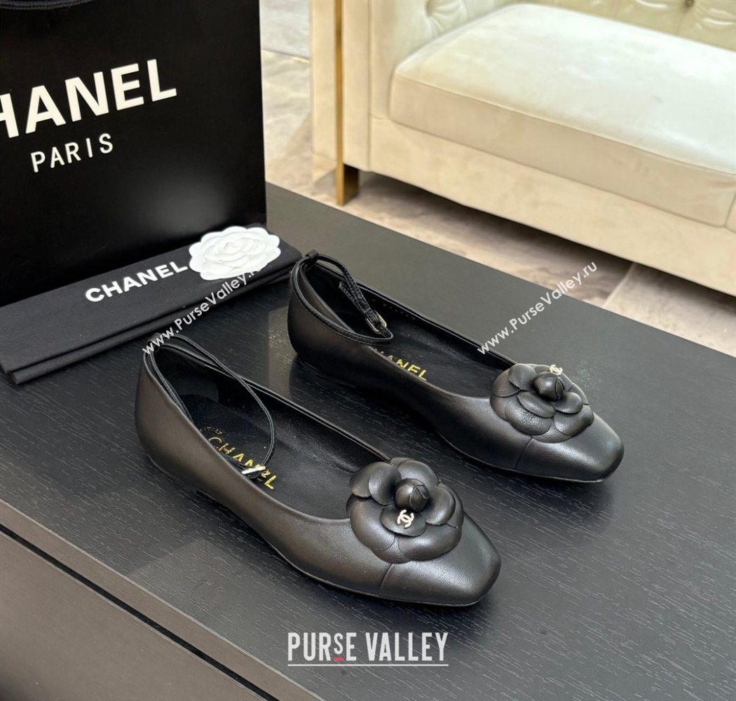 Chanel Lambskin Ballet flats with Ankle Strap and Camellia Black 2025 G46520 (MD-250901184)