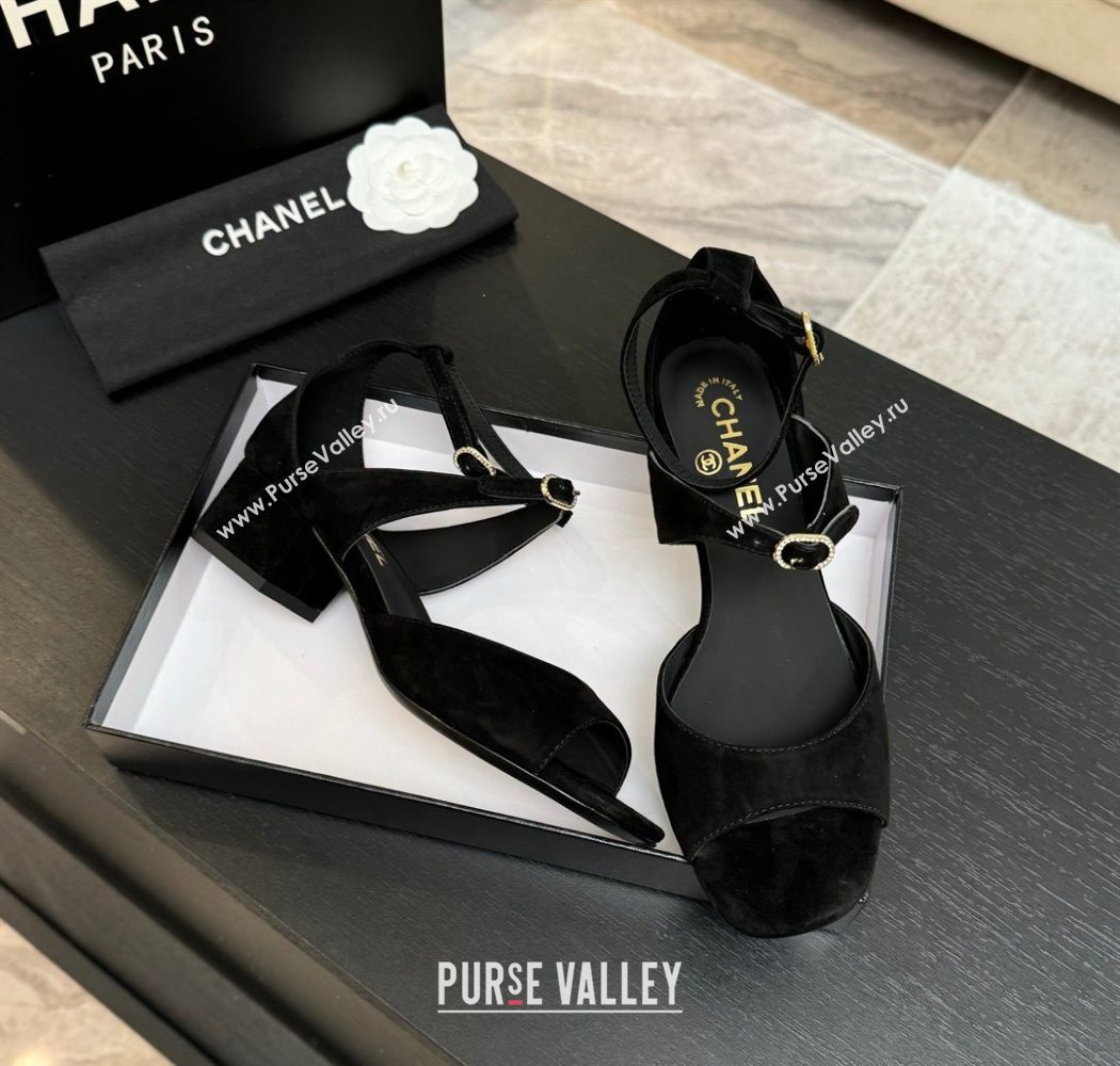 Chanel Suede Low Heel Sandals with Strass Buckles Black 2025 G46657 (MD-250902019)